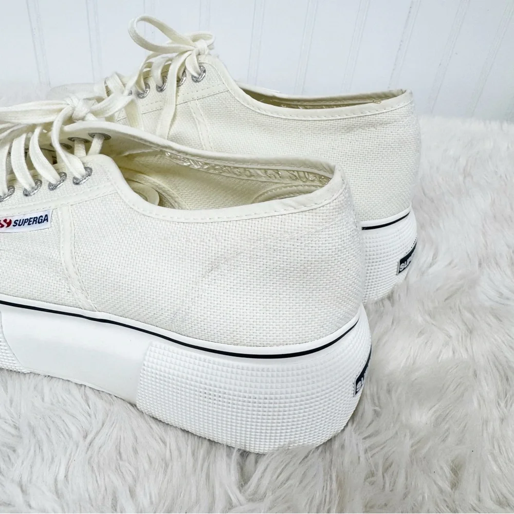 SUPERGA Canvas Platform Sneaker Size 8 Beige Cream Lace Up Clean Girl Scandi‎